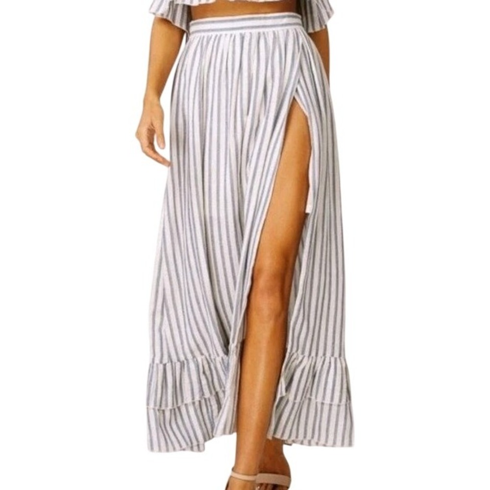 Listicle White and Gray Striped Maxi Skirt with High Slit